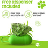 Green pet poop bag dispenser with a roll of paw-print patterned bags pulled out, on a white and green background with text reading 'Free Dispenser Included' and feature icons.