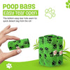 Green dog poop bags with black paw print pattern, shown both rolled and held by a hand to demonstrate the easy tear opening feature. The image includes text explaining the feature and paw print icons on a white and green background.
