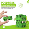 Green dog poop bags with black paw print pattern shown on a white background with promotional text and a hand holding one roll.
