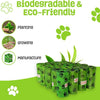 Biodegradable green plastic bag strapping rolls with black paw print patterns, displayed on a white and green background with promotional text and icons for planting, growing, and manufacture.