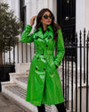 women Kelly Green PVC Vinly Shiny Faux Leather Long Trench Coat
