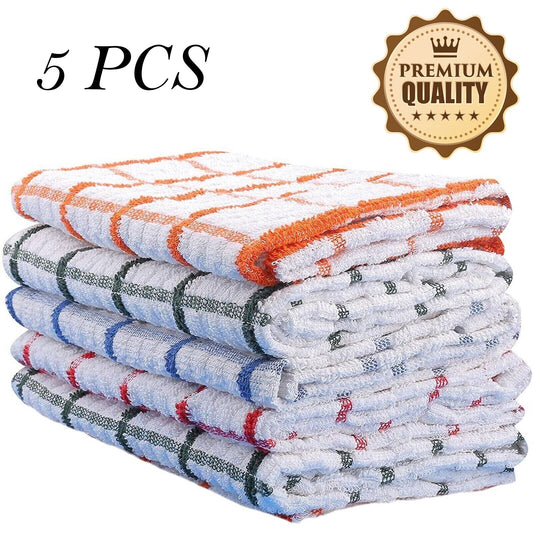 5 PCS Terry 100% Cotton Tea Towels Set Kitchen Cleaning Dish Cloths Drying Packs UK